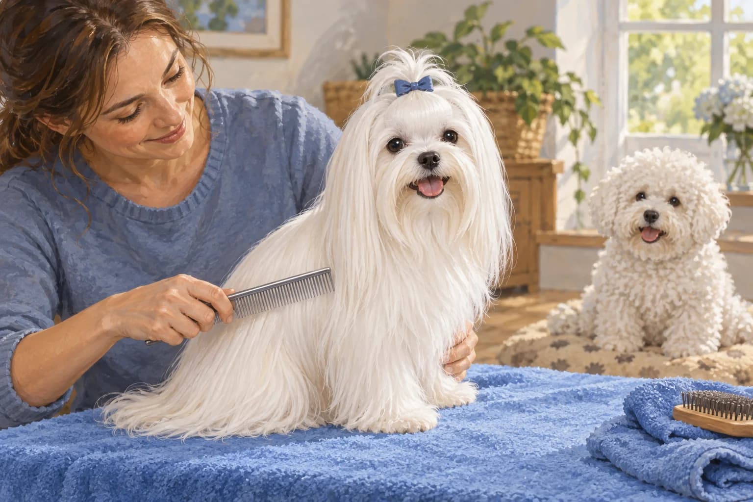 Illustration: White Maltese having its straight silky coat gently combed