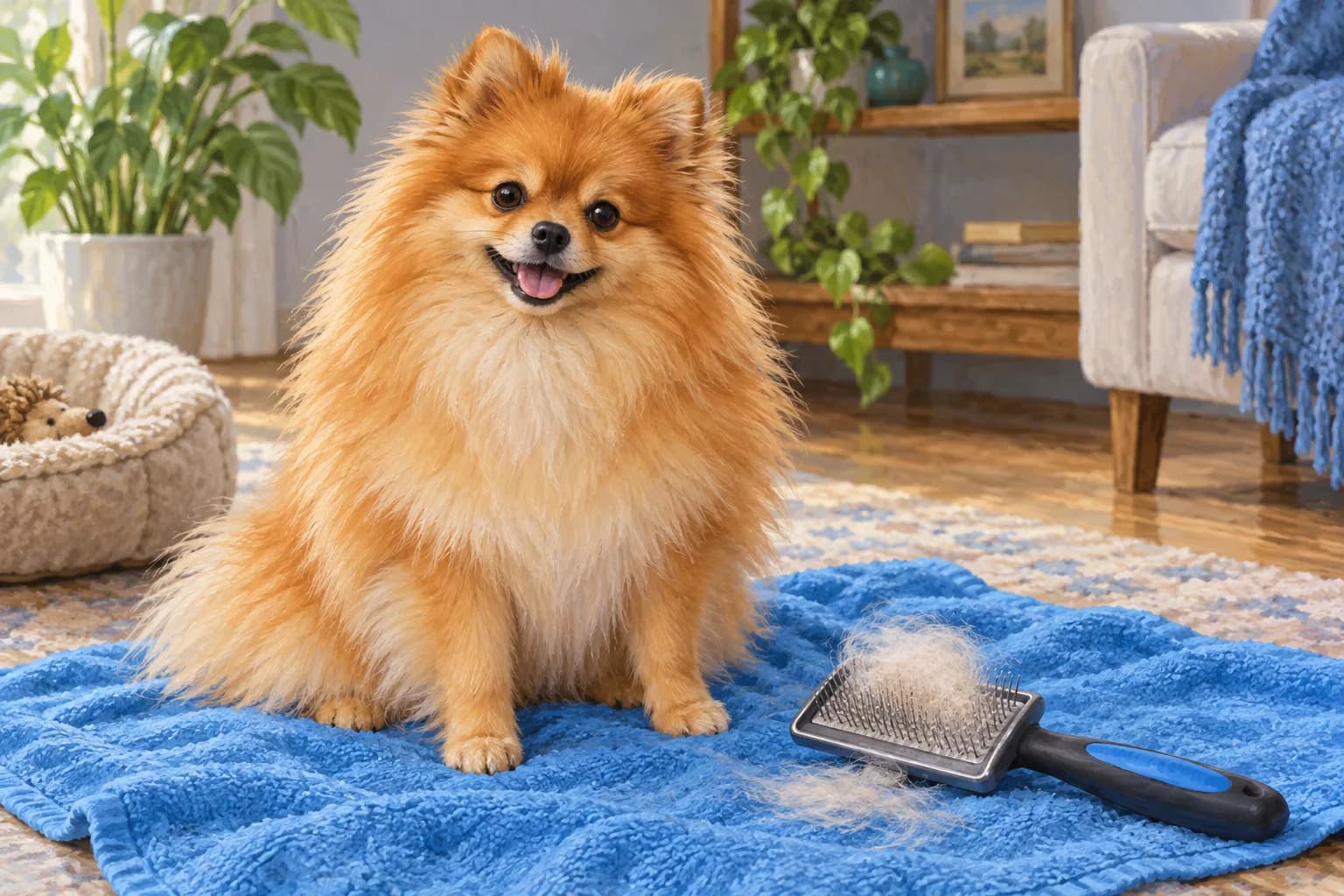 Illustration: Orange Pomeranian beside a brush holding a small tuft of loose undercoat