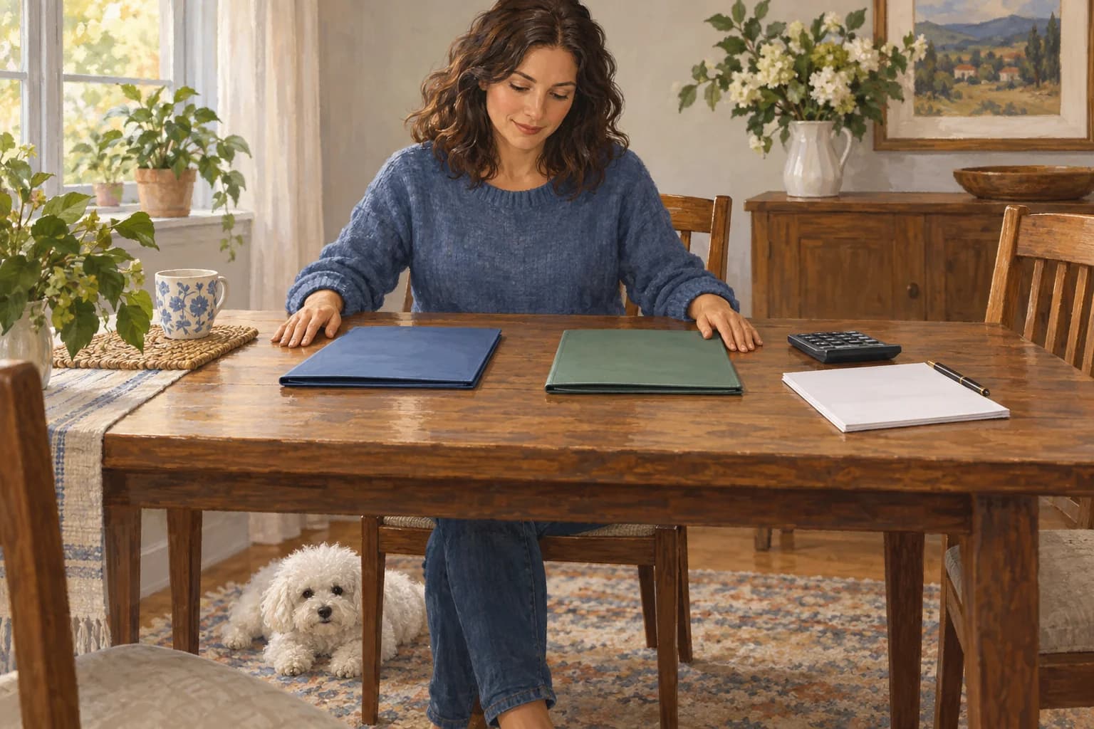 Illustration: Owner comparing insurance paperwork while a Bichon rests under the chair