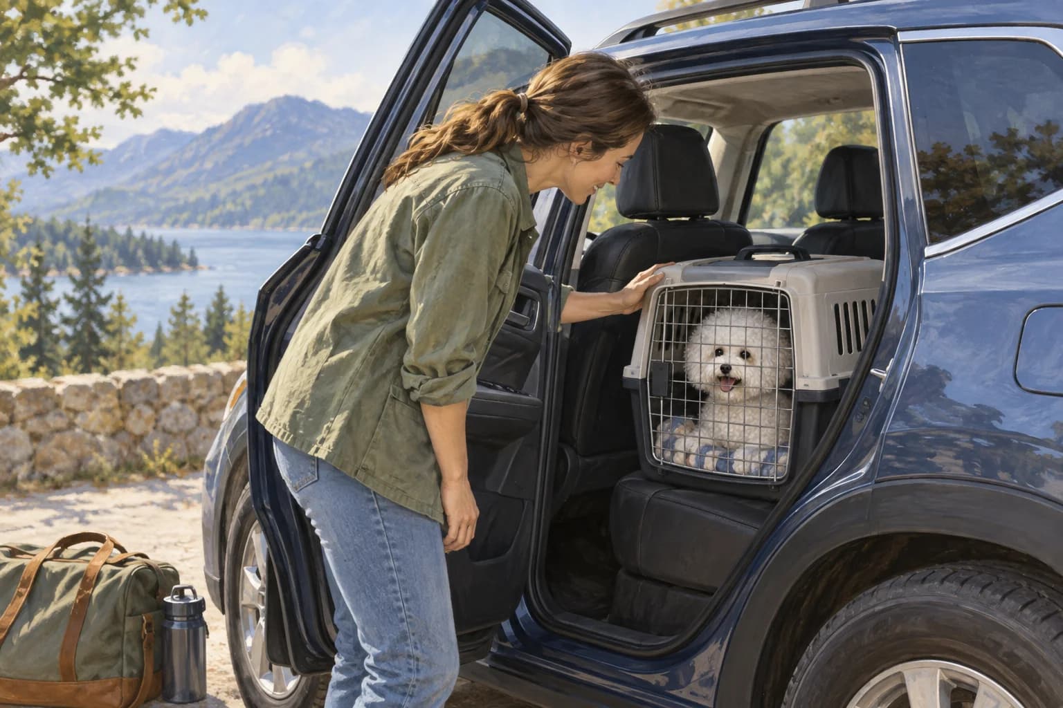 Illustration: Bichon in a ventilated travel carrier on the rear seat of a parked car