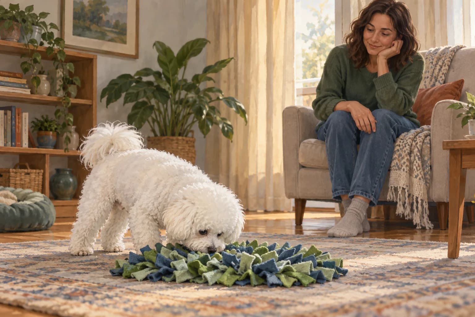 Illustration: Bichon sniffing an enrichment mat while its owner watches