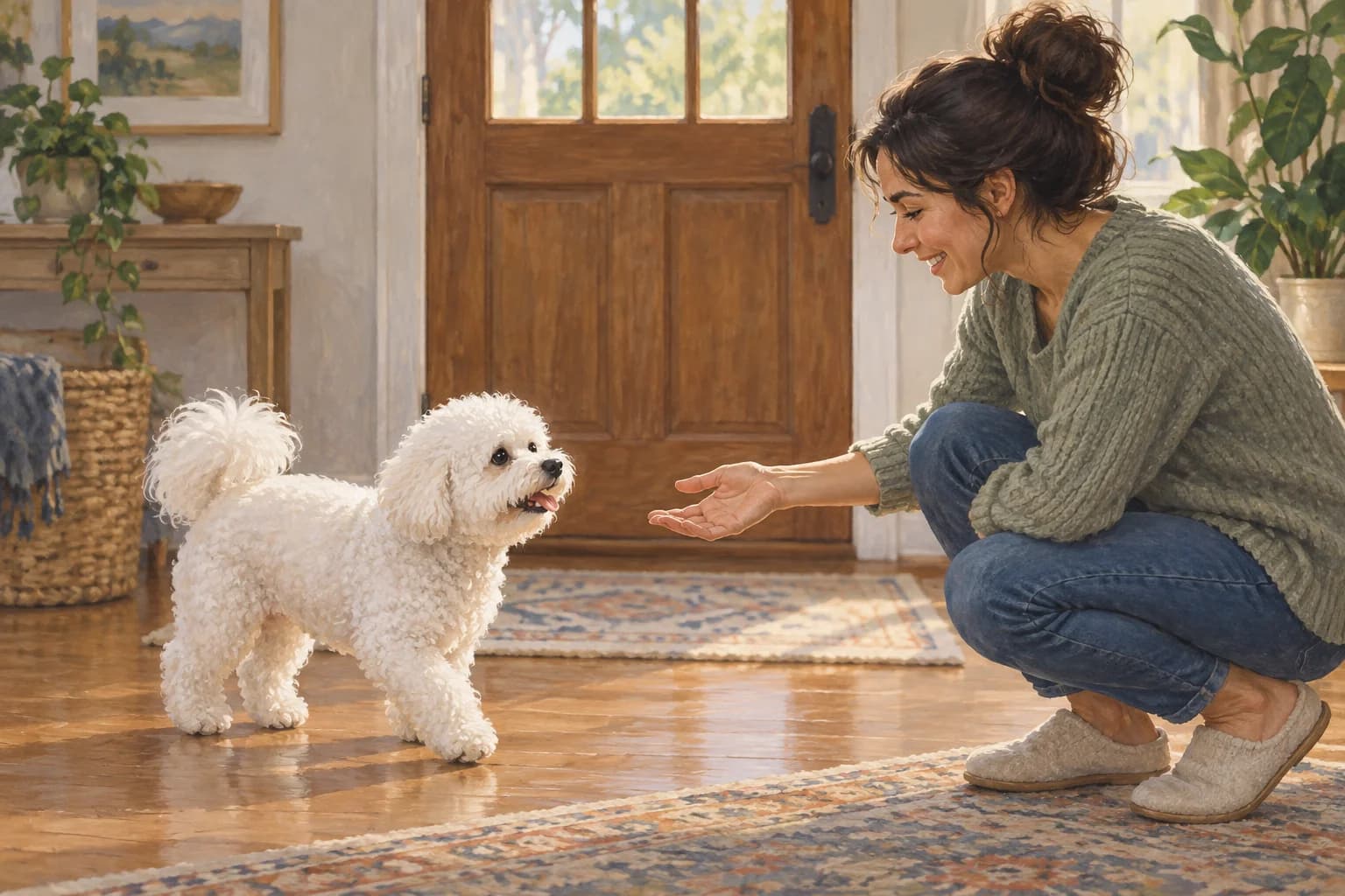 Illustration: Relaxed Bichon approaching its crouching owner at home