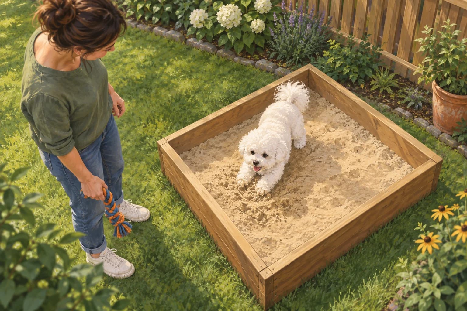 Illustration: Bichon investigating a shallow digging box in a fenced garden