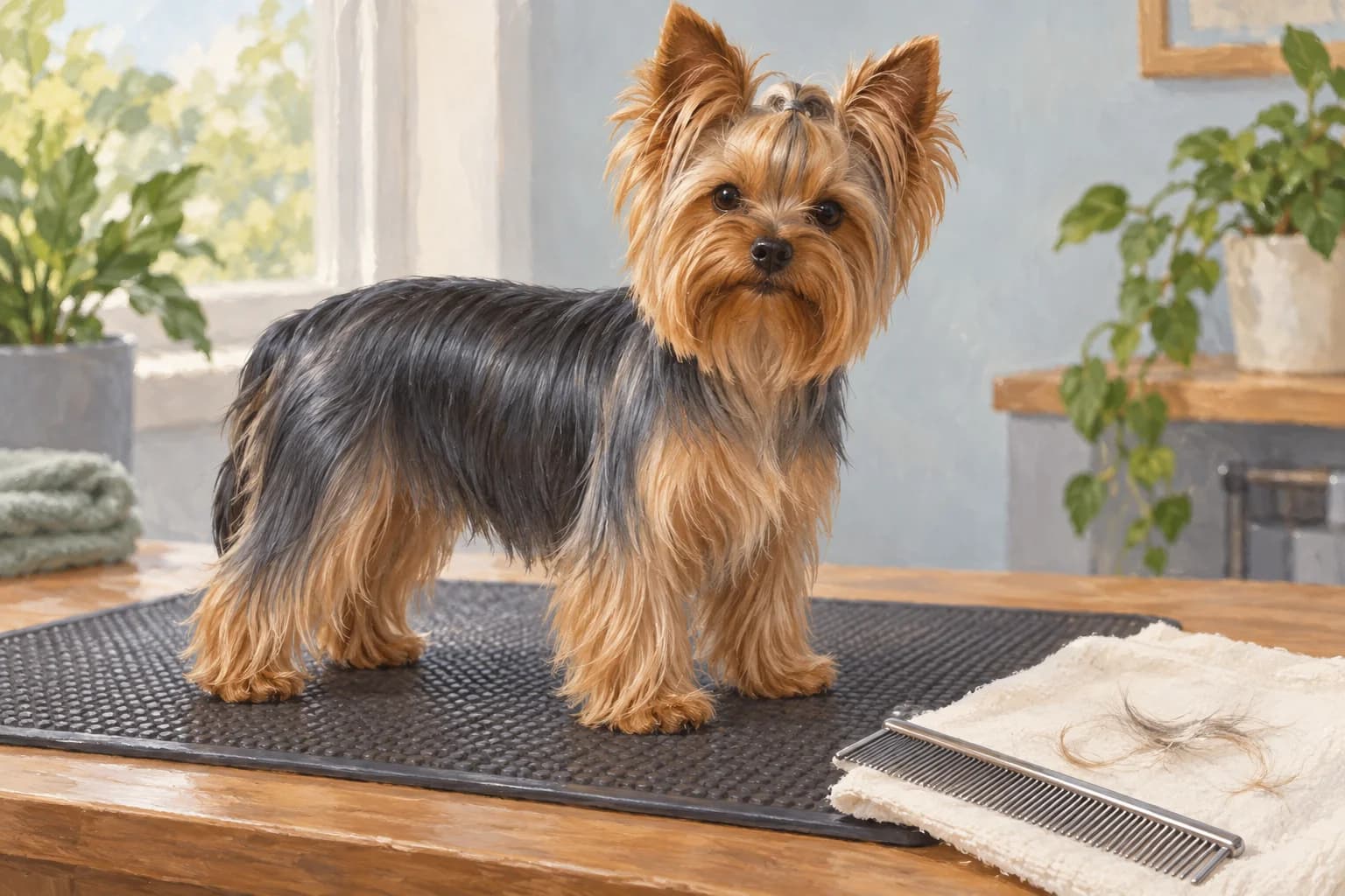 Illustration: Yorkshire terrier with a silky blue and tan coat beside a grooming comb