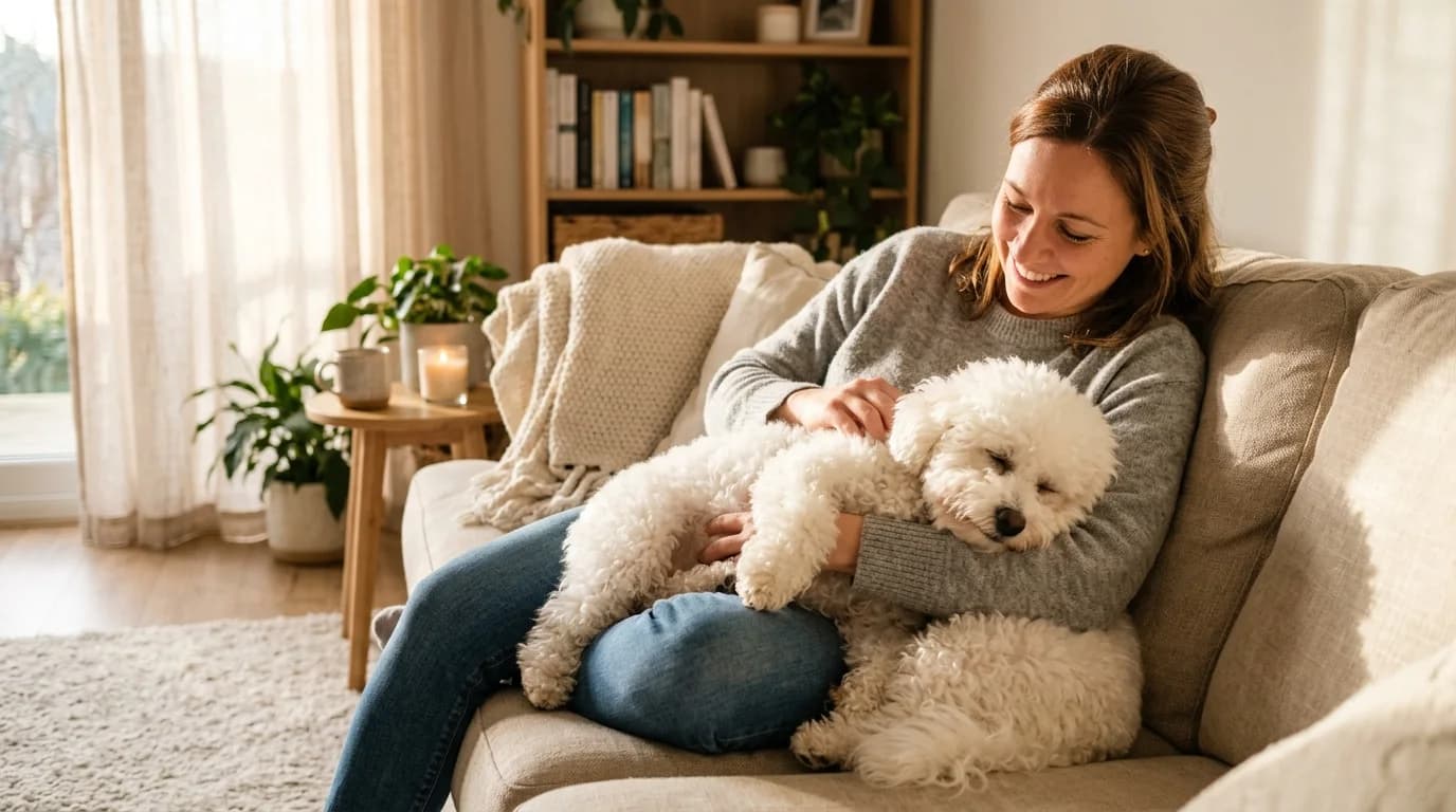 White dog resting across a woman’s lap on a sofa
