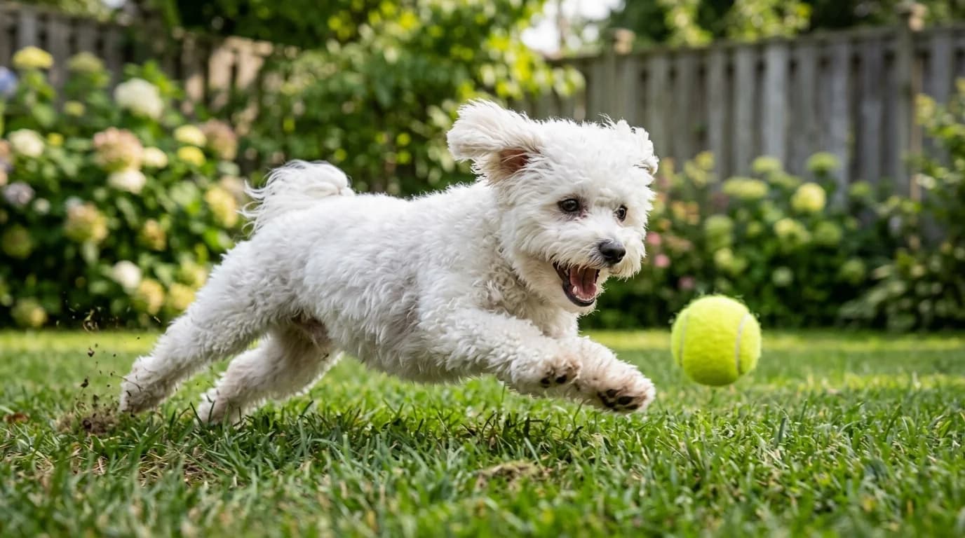 White dog chasing a yellow ball across grass