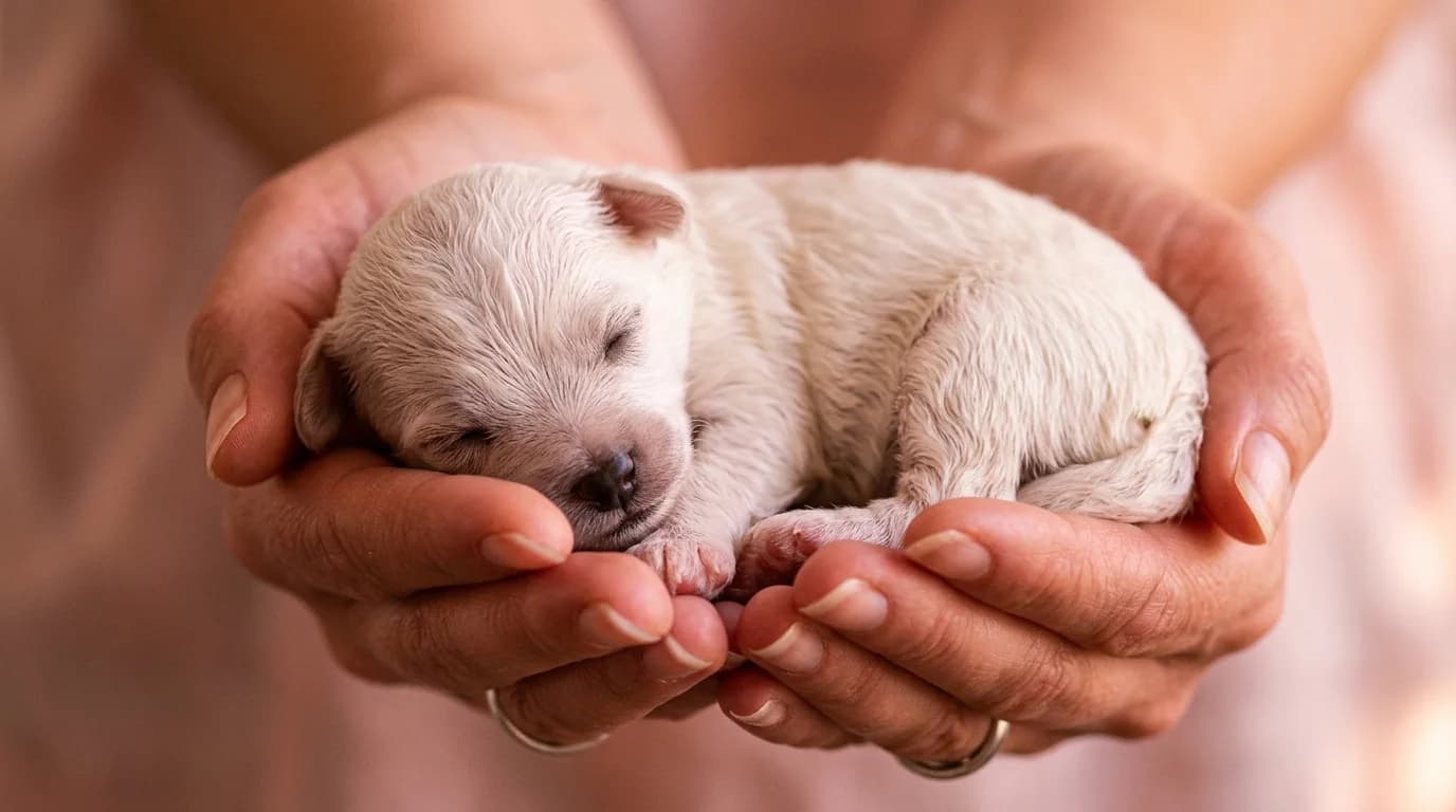Small pale puppy sleeping in a person’s cupped hands