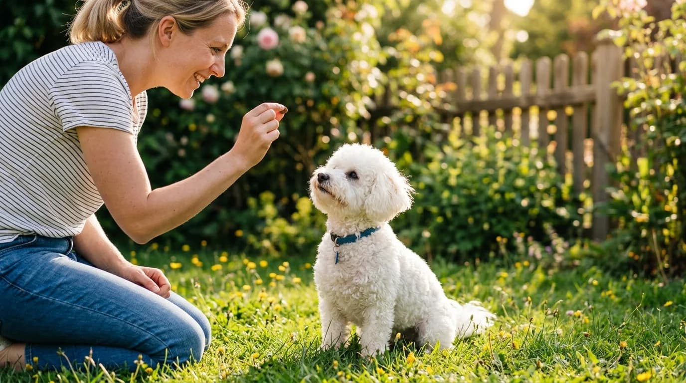 White curly-coated dog watching a treat held by a woman in a garden