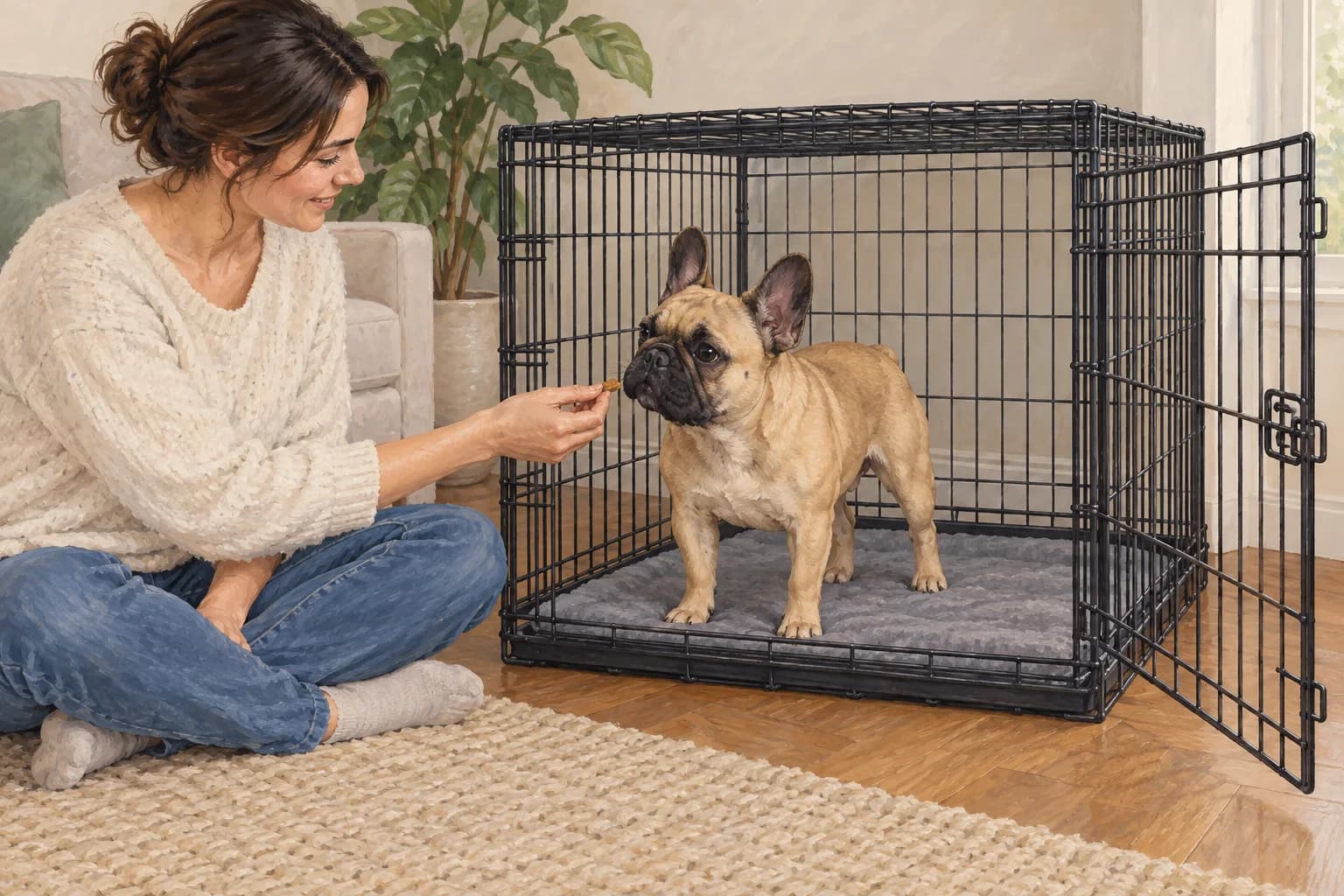 Illustration of a fawn French bulldog in an open crate with a person nearby