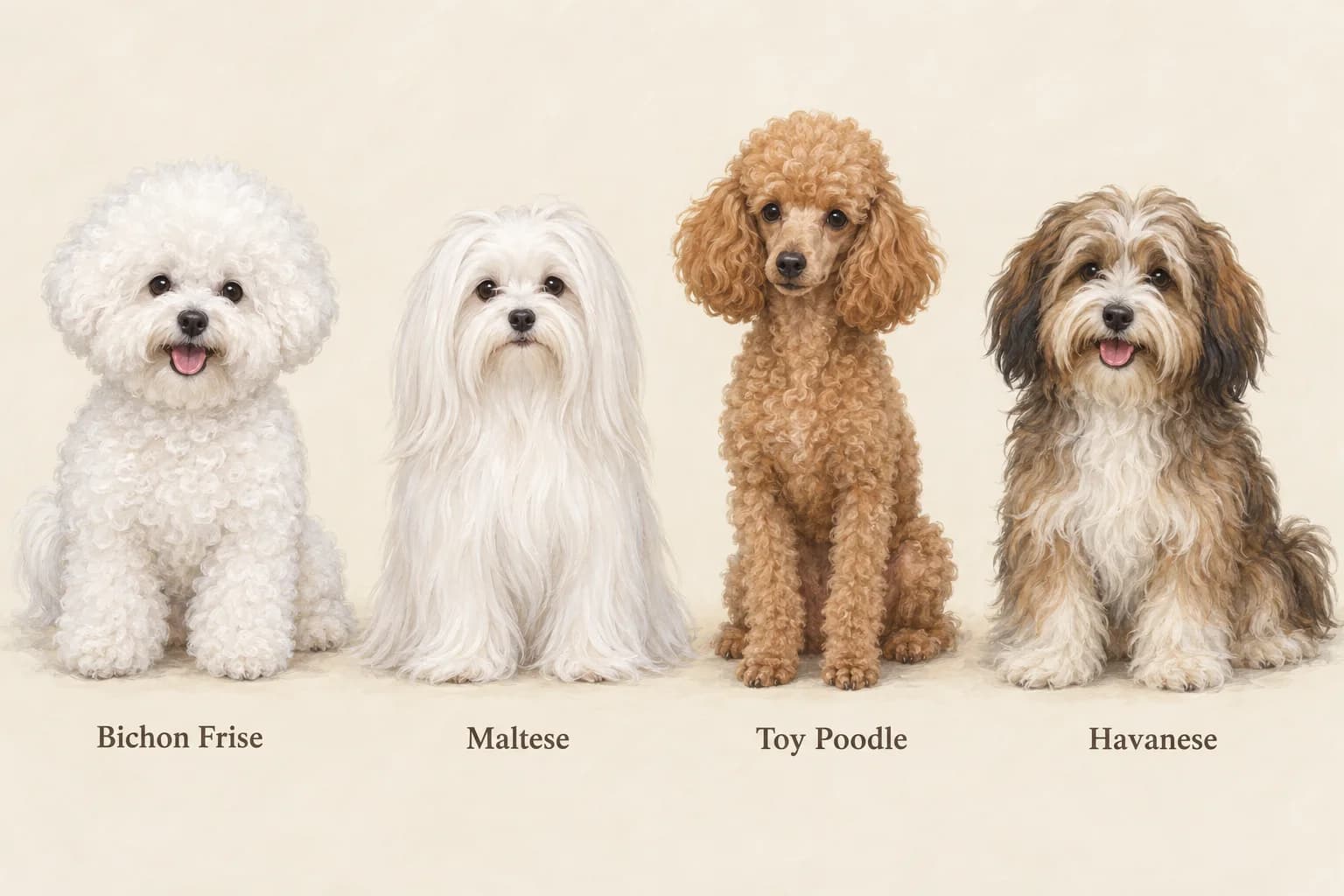 Illustrated breed examples, left to right: Bichon Frise, Maltese, Toy Poodle and Havanese