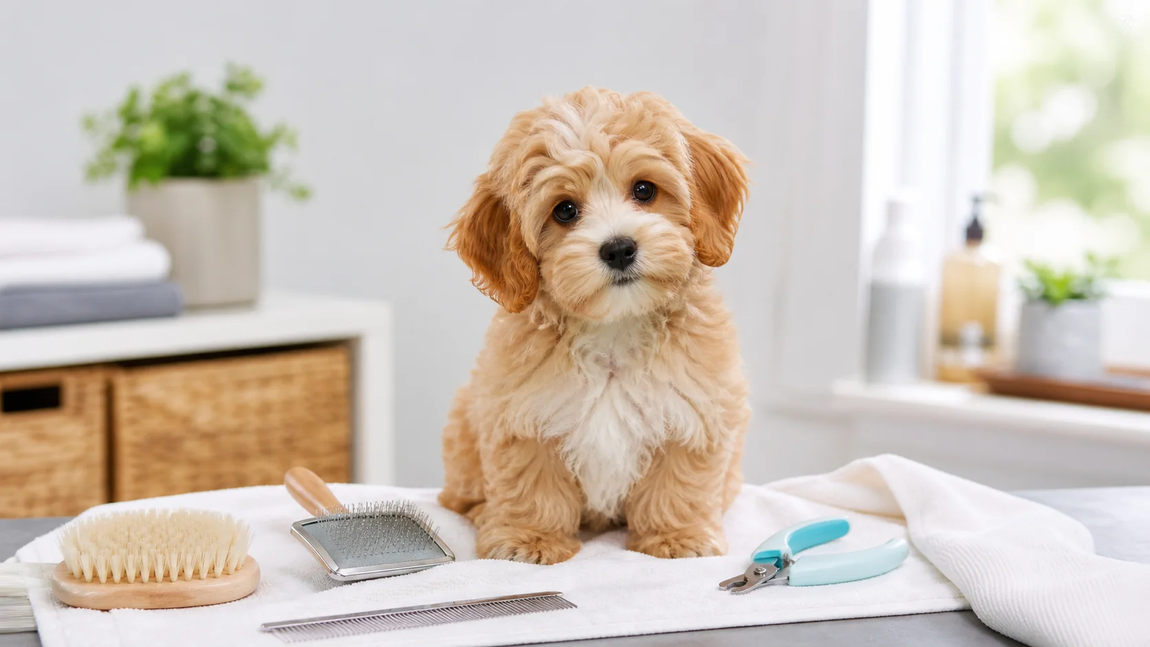 Tan and white puppy beside brushes, a comb and nail clippers on a towel