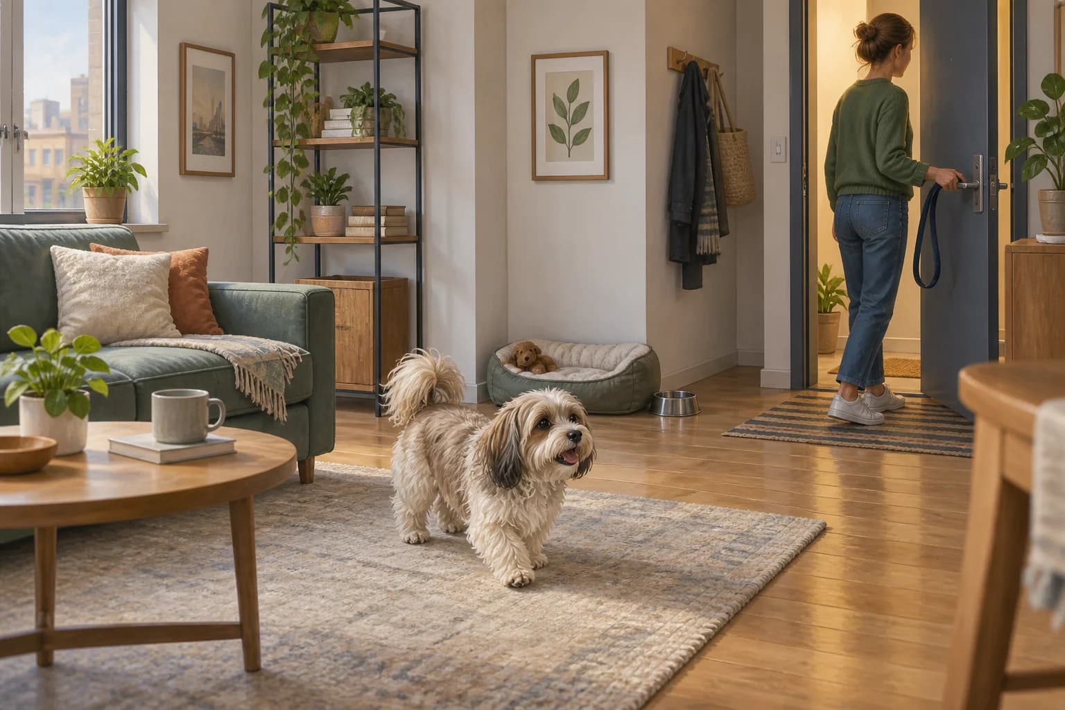 Illustration: Small Havanese in a compact apartment with a bed and an owner holding a leash