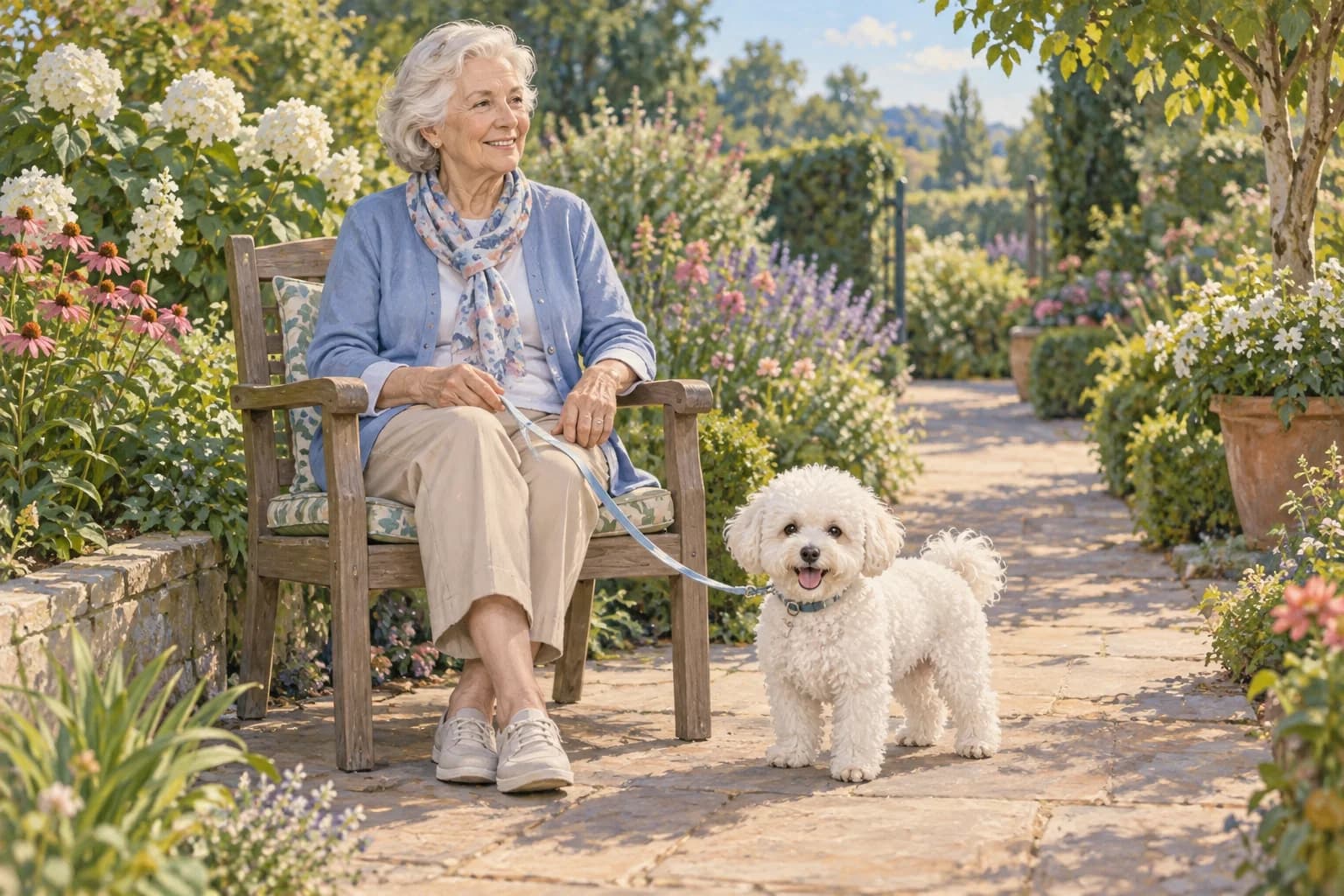 Illustration: An older woman sitting beside a calm Bichon on a level garden path