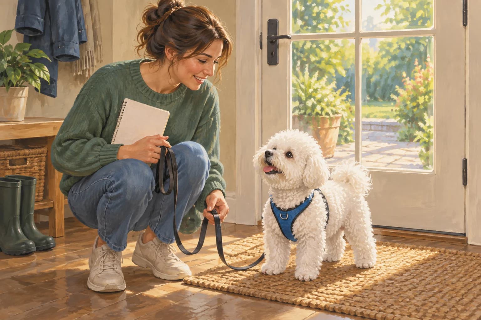 Illustration: Owner preparing a Bichon at the back door for a routine toilet break