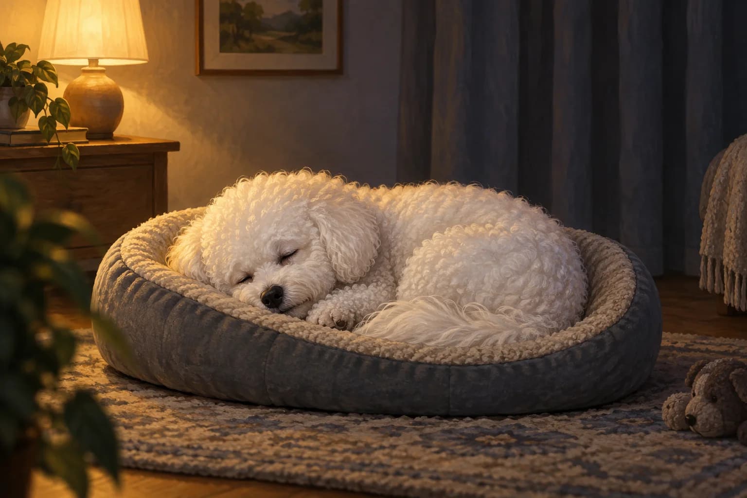 Illustration: Bichon curled asleep on a low bed in a dim room