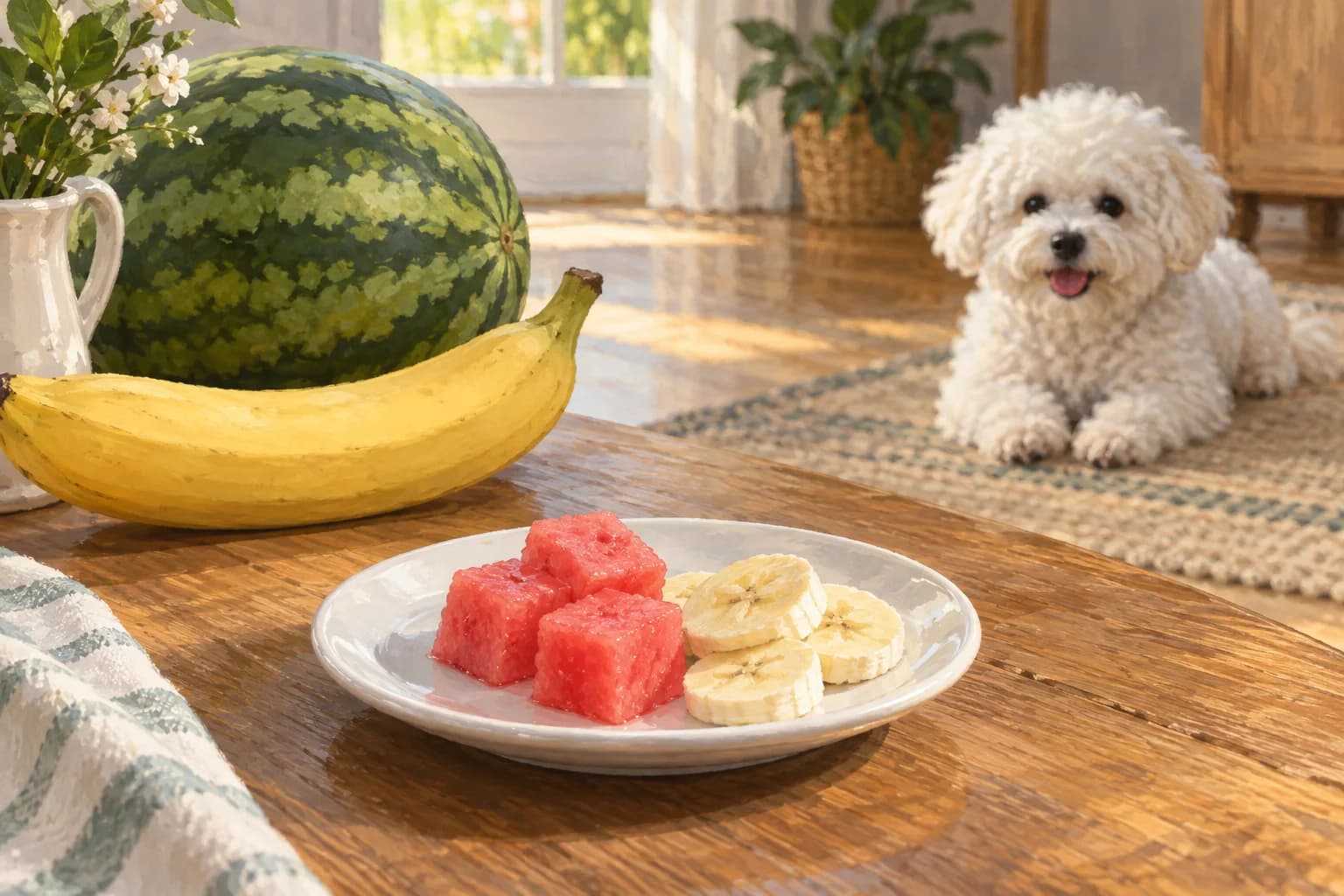 Illustration: Tiny rind-free watermelon cubes and peeled banana slices on a small saucer