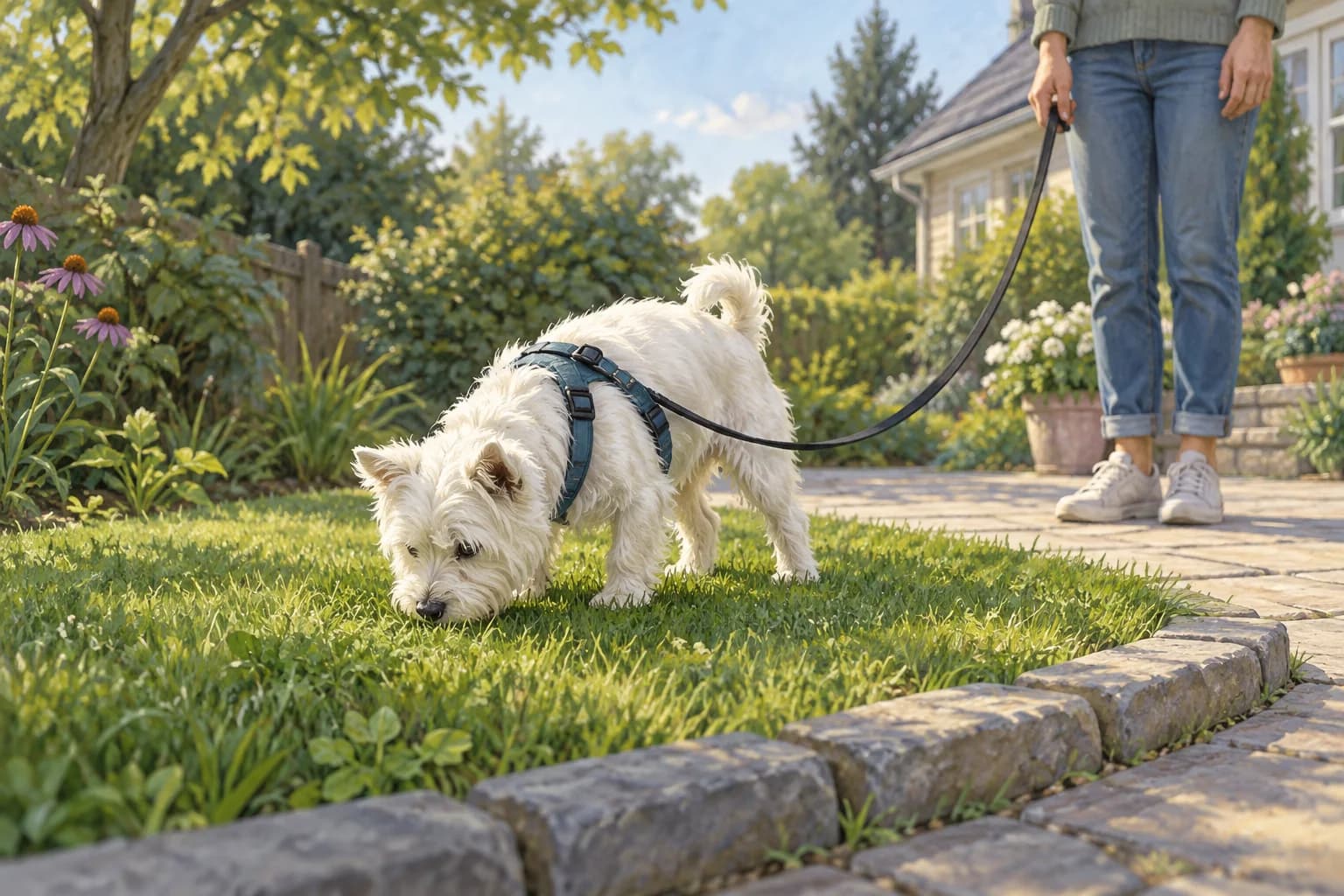 Illustration: Small white dog sniffing a designated grass patch on a loose leash