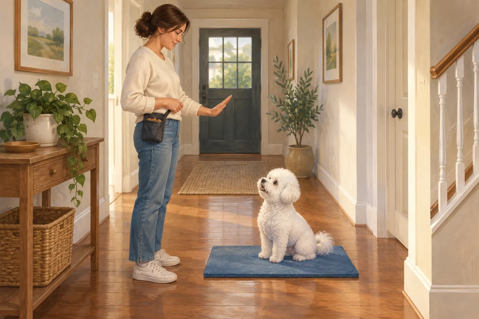 Illustration: Owner giving a hand cue to a Bichon sitting on a blue training mat