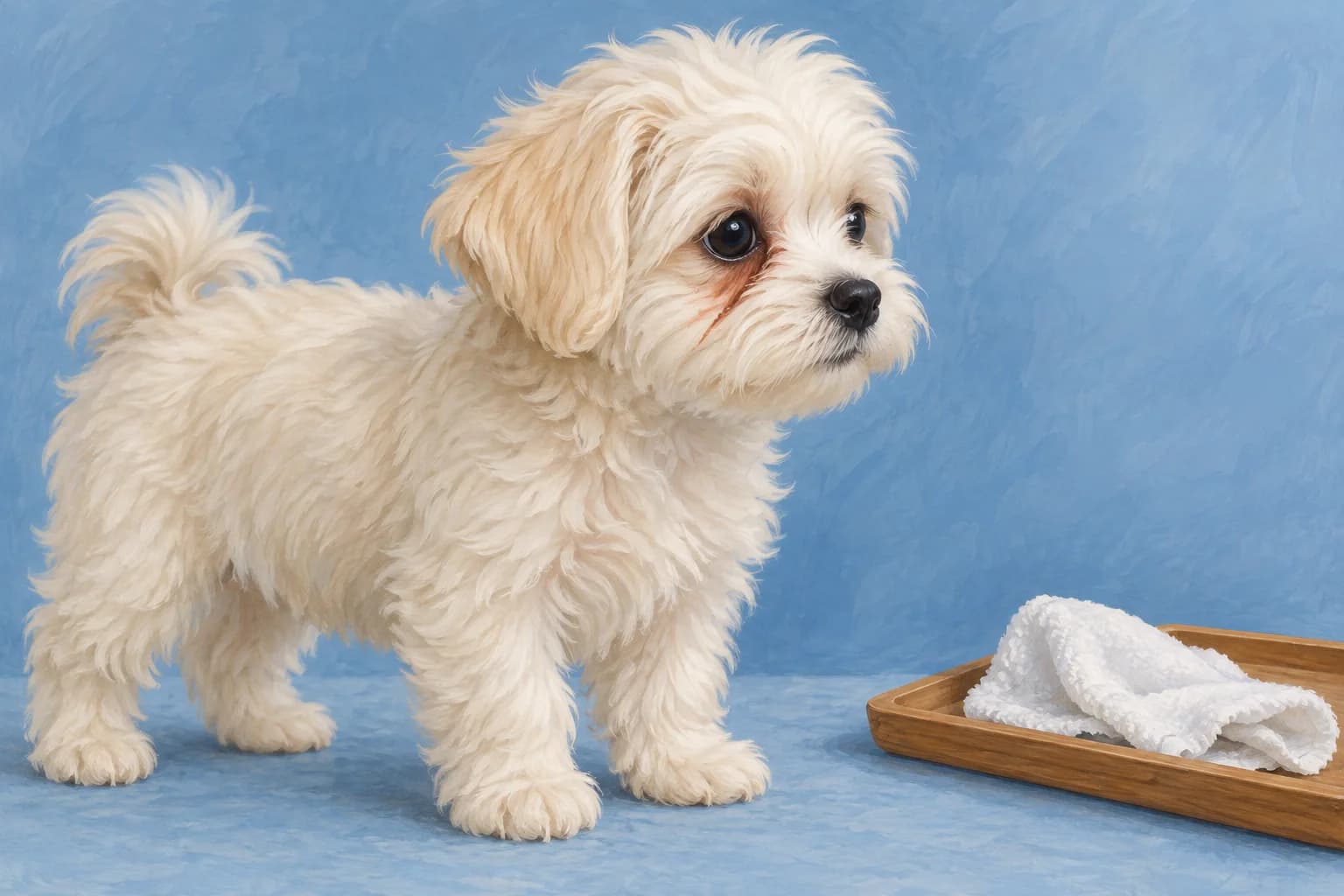 Illustration: Small cream puppy with light rust-colored staining on the fur below its eye