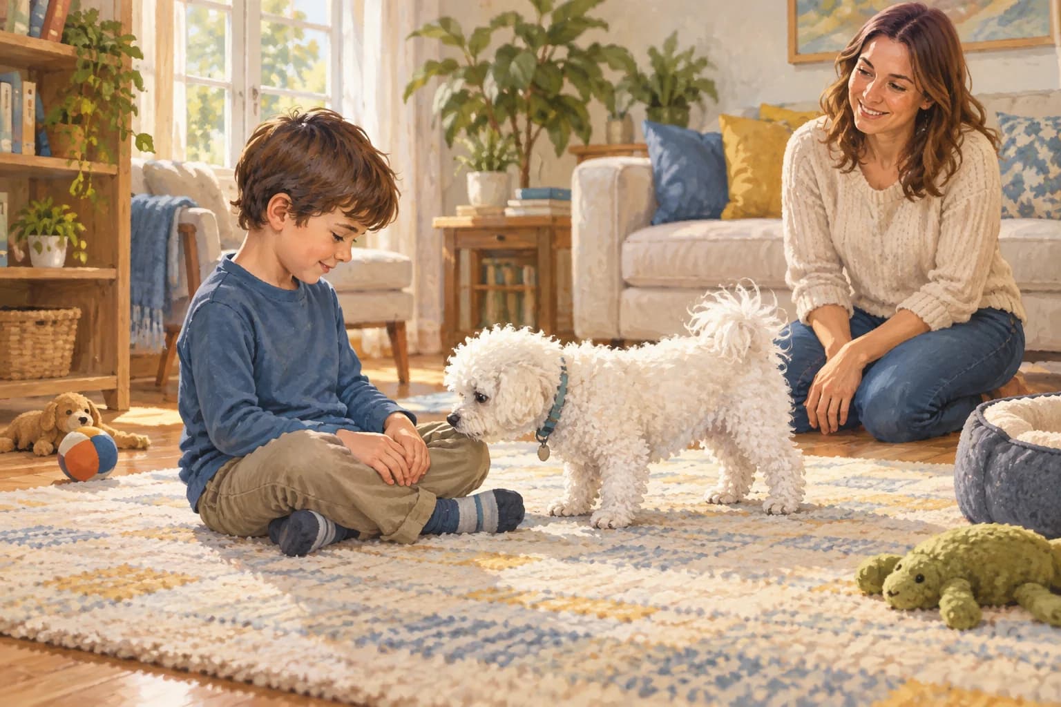 Illustration: Child sitting calmly while a Bichon approaches under adult supervision