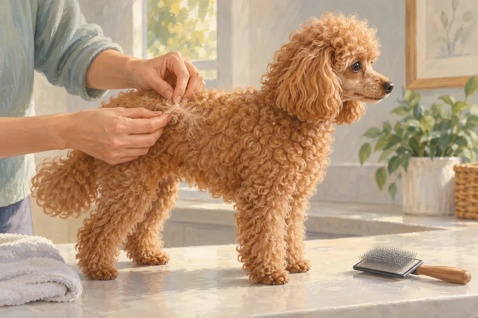Illustration: Apricot Toy Poodle with its curly coat gently parted by a hand