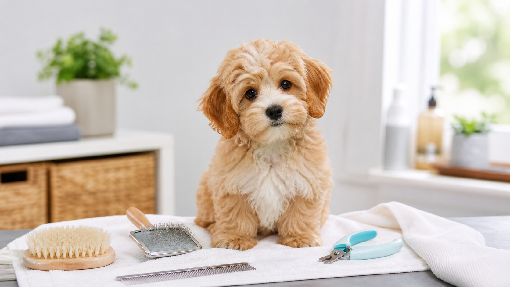 Small puppy sitting on a towel with a brush, comb, and nail clippers nearby