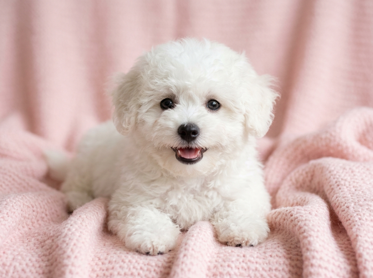 Fluffy white Bichon Frise puppy smiling on light pink blanket