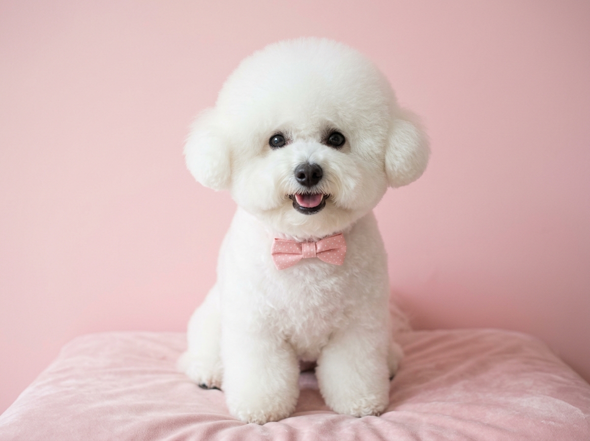 Freshly groomed Bichon Frise with teddy bear haircut and pink bow tie