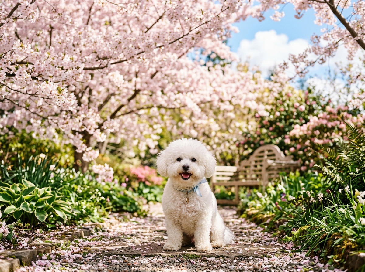 Joyful white Bichon Frise playing in sunny garden