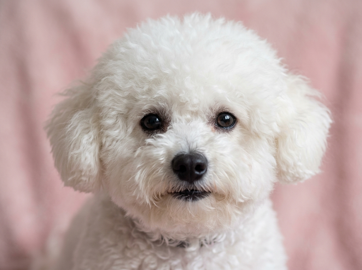 Close up portrait of snowy white Bichon Frise with sparkling dark eyes