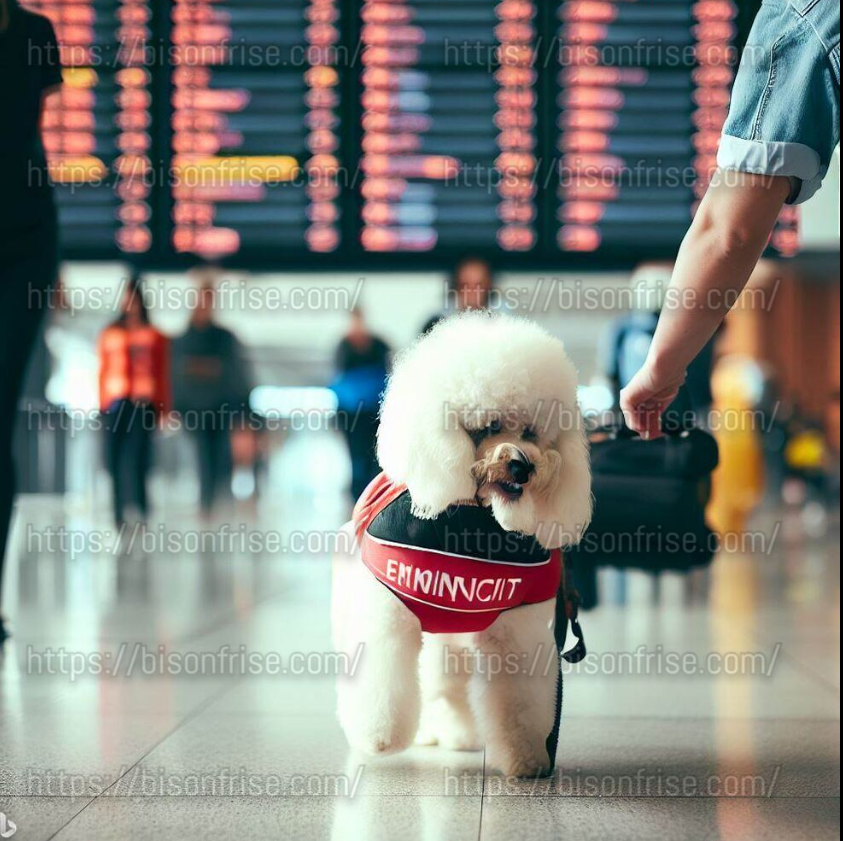 Bichon Frise Travel Tips - A Bichon Frise dog sitting on a travel suitcase with a leash, collar, and toys nearby, representing travel essentials for the trip