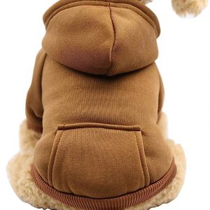 Alt text: “A small dog with curly fur wearing a brown plush hoodie with a pocket on the back