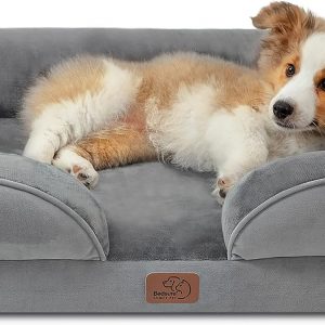 Bichon Frise dog lying on a gray dog bed