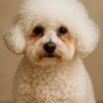 Bichon Frise with visible reddish-brown tear stains under both eyes sitting against a neutral background.