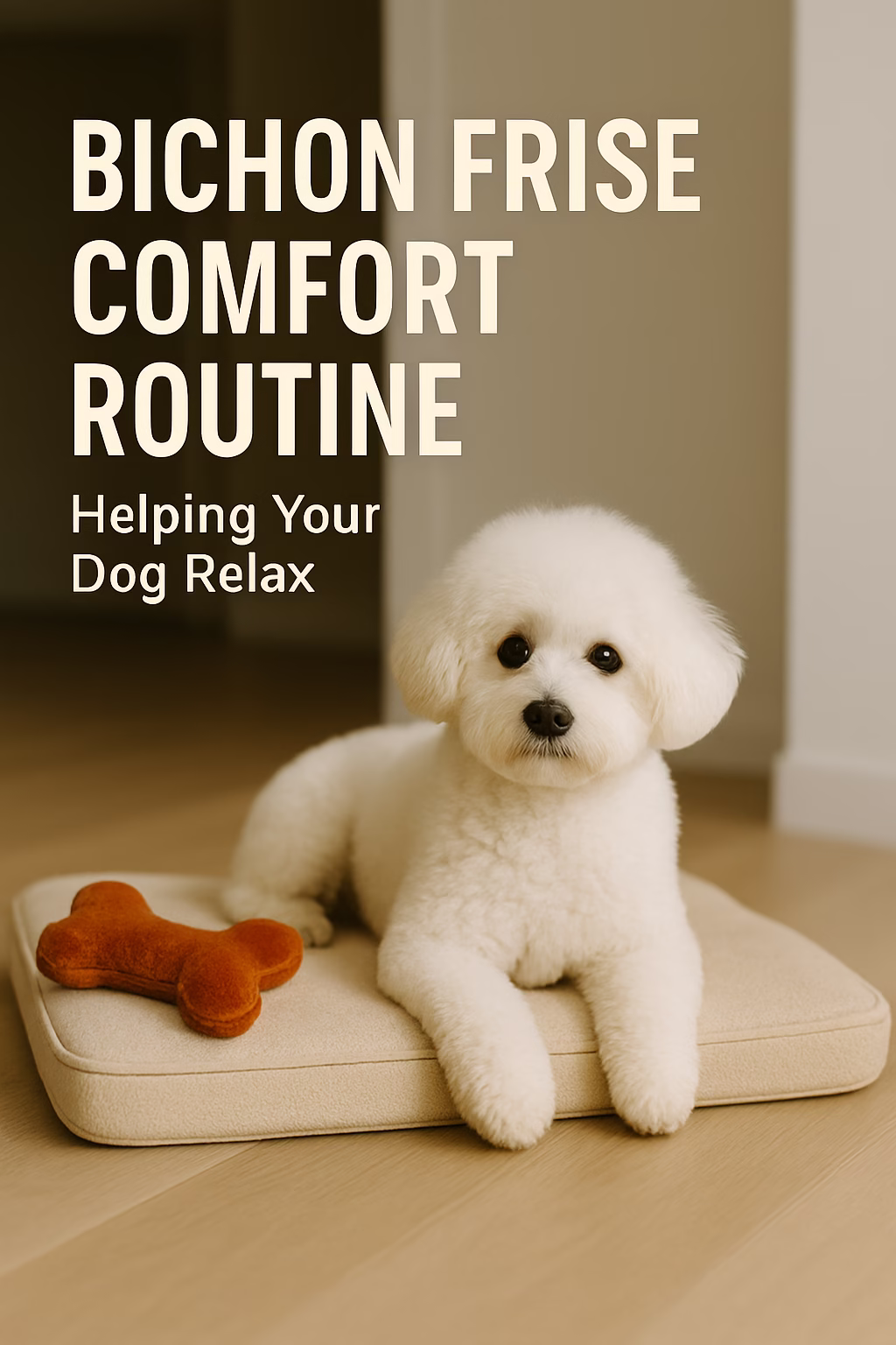 Bichon Frise relaxing on a blanket as part of a calm departure routine